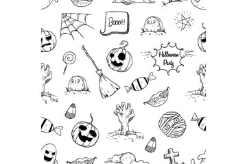Seamless pattern of doodle halloween elements vector illustration on white background