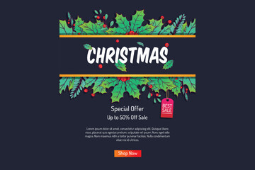 colored christmas banner sale with leaves decoration