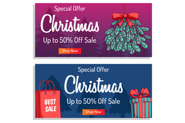 colorful christmas banner sale with leaves and shopping bag decoration