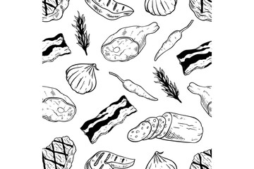 hand drawing meat and herbs seamless pattern