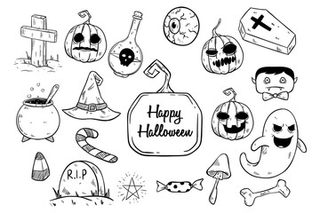 Set of doodle halloween elements vector illustration. Cute halloween icons on white background