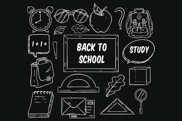 Fototapeta premium back to school icons or elements with doodle style on chalkboard background. school supplies hand drawing