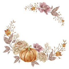 Autumn Fall Wreath Frame with Fall Leaves and Rustic Watercolor Flowers Isolated PNG Clipart