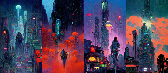 Fototapeta na wymiar Colorful illustration of cyberpunk neon city, background with splashes, collection