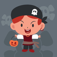 Cute Flat Halloween Character Kids on Pirates Costume