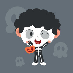 Cute Flat Halloween Character Kids on Skeleton Costume