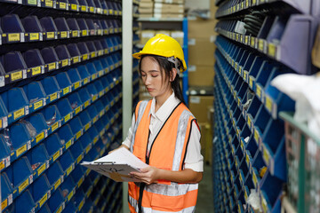 Portrait Asian women staff worker Standing counting and inspecting products in the warehouse.