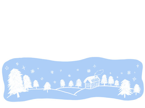 Christmas winter forest house nature outline silhouette: simple hand drawn illustration / クリスマス 冬の森の家 自然 白抜きシルエット：シンプルな手描きイラスト