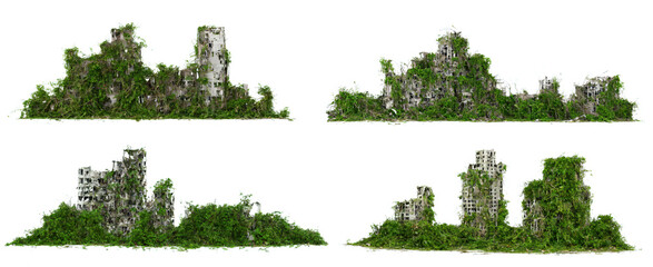 lush overgrown buildings, collection of post-apocalyptic cityscapes isolated on white background, 3d render