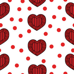 Seamless pattern of patterned hearts with spirals and stripes for Valentines Day, red doodle hearts and dots on a white background