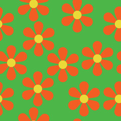 Fototapeta na wymiar Orange flowers on a green background seamless pattern, bright spring plants for creativity