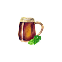 A mug of foamy beer and a lump of hops. Watercolor illustration for the Oktoberfest holiday.
