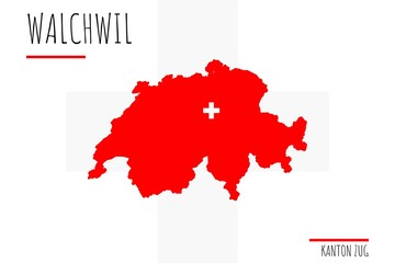 Walchwil: Illustration einer Markierung der Stadt Walchwil in den Umrissen der Schweiz im Kanton Zug - obrazy, fototapety, plakaty