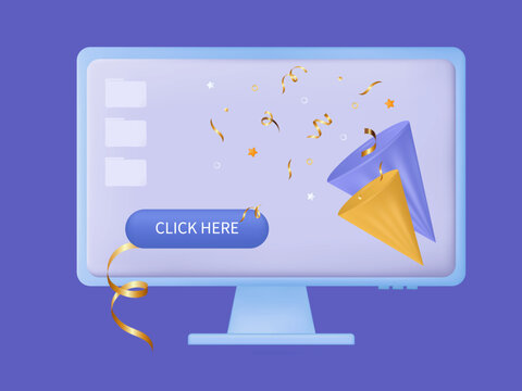 Online party, anniversary,  3d. Confetti popper on the computer screen. Invitation to a festive event, party. Click the button, congratulate, arrange an invitation to a holiday festival. Vector banner