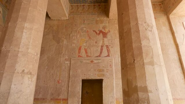 Panning Shot Of Hieroglyphics On The Walls Within The Mortuary Temple Of Hatshepsut