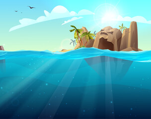 Obraz na płótnie Canvas Rocky island with pirate flag and palm trees in the ocean. Bottle with paper message in it. Cartoon vector illustration