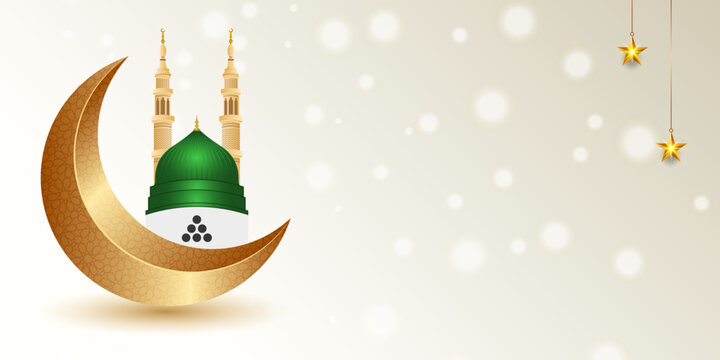 Milad Un Nabi Or Mawlid Al Nabi Ramadan Kareem Eid Islamic Background Banner With Crescent Madina Masjid Nabawi Mosque Illustration