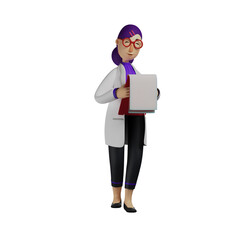 3D illustration. Smiley 3D Cartoon Female Doctor checking patient records. wearing cute red glasses. with a smiling expression. 3D Cartoon Character