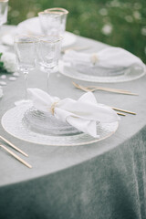 Beautiful wedding table decoration and table setting. Floral design table set.