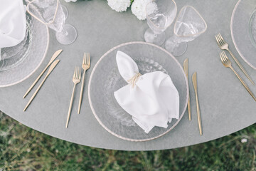 Beautiful wedding table decoration and table setting. Floral design table set.