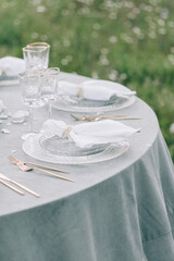 Beautiful wedding table decoration and table setting. Floral design table set.