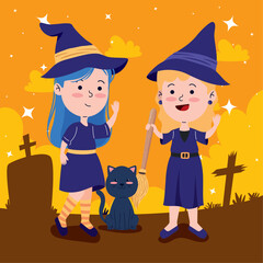 halloween witches with cat