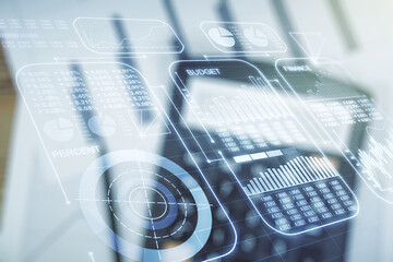 Double exposure of abstract virtual statistics data hologram on blurry calculator background, statistics and analytics concept
