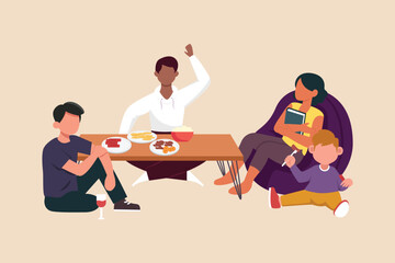 Three people and one young children eating with in the family with having different skin color. Diversity concept. Flat vector illustration isolated. 