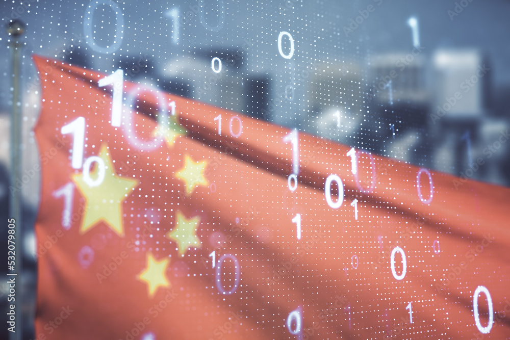 Poster abstract virtual binary code illustration on flag of china and blurry skyscrapers background. big da