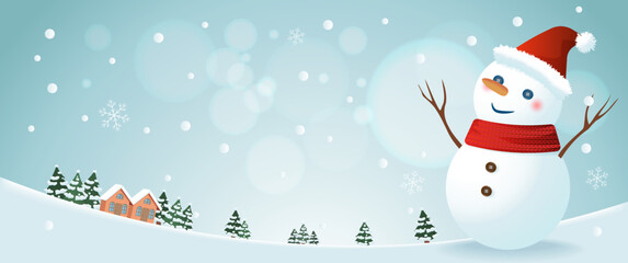 Winter scenery, there are snowman and pine trees and small houses