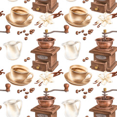 Seamless background with coffee grinder, coffee cup, vanilla flower and sticks, milk