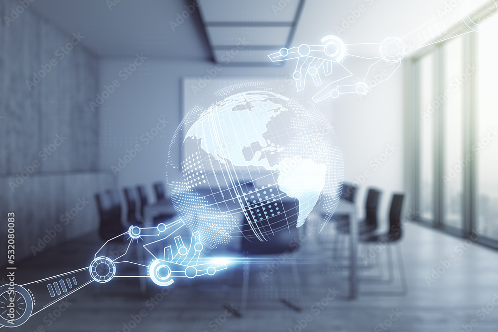 Poster abstract virtual robotics technology hologram with globe sketch on a modern conference room backgrou