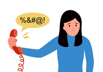 Woman staff with angry customer complaint via phone call in flat design on white background.