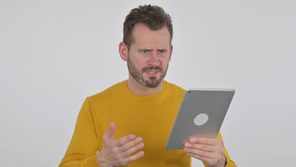 Middle Aged Man having Loss on Tablet in Office , White Background