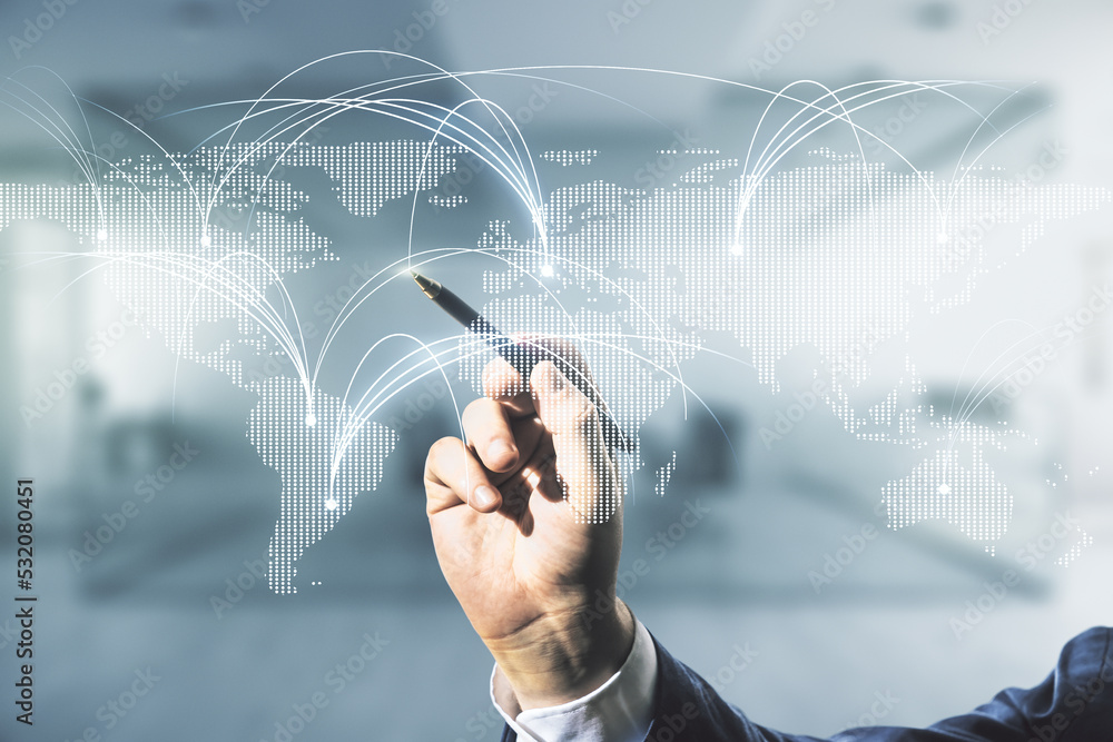 Poster double exposure of man hand with pen working with abstract digital world map hologram with connectio