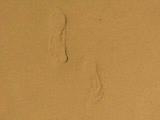 Bare footprints on the fine yellow beach sand. Hikkaduwa, Sri Lanka