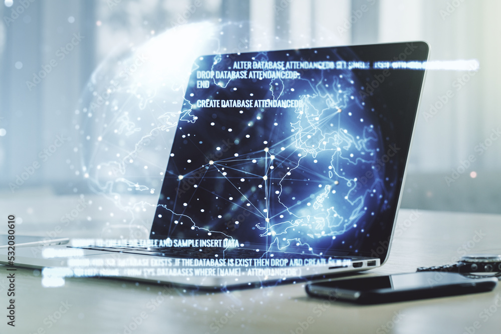 Poster double exposure of abstract creative programming illustration with world map on computer background,