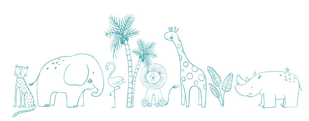 Beautiful baby stock illustration with cute hand drawn safari animals and palm tree. Clip art. © zenina