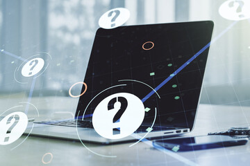 Creative concept of question mark illustration on modern laptop background. FAQ and search concept....