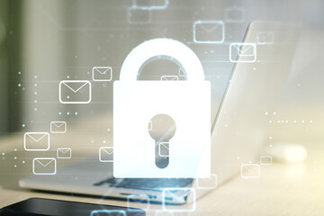 Creative light lock illustration with postal envelopes on modern computer background, cyber security and email protection concept. Multiexposure