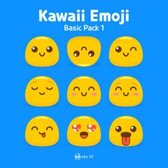 Cute and kawaii flat emoji or emoticon vector pack - emojis yellow emoticon smile, wink, inhale, blush, yummy, and tongue collection isolated in blue background for graphic design or chat elements.