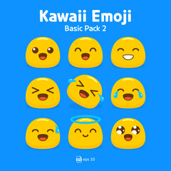 Cute and kawaii flat emoji or emoticon vector pack - emojis yellow emoticon happy, laughing, big eyes, love eye, and LOL collection isolated in blue background for graphic design or chat elements.