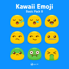 Cute and kawaii flat emoji or emoticon vector pack - emojis yellow emoticon sleepy, hungry, salivate, nausea, and puke vomit collection isolated in blue background for graphic design or chat elements.