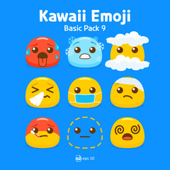 Cute and kawaii flat emoji or emoticon vector pack - emojis yellow emoticon hot, cold, sick, dizzy, mask, and bandage collection isolated in blue background for graphic design or chat elements.