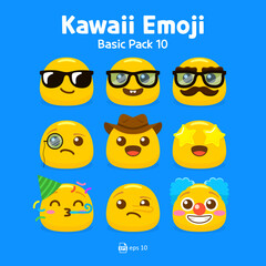 Cute and kawaii flat emoji or emoticon vector pack - emojis yellow emoticon cool, nerd, clown, birthday, cowboy, and glasses collection isolated in blue background for graphic design or chat elements.