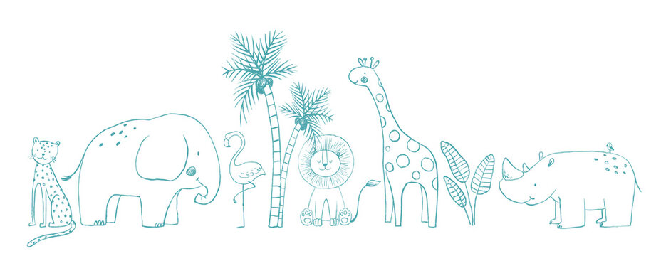 Beautiful baby stock illustration with cute hand drawn safari animals and palm tree. Clip art.