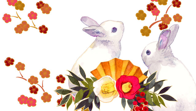 卯年　うさぎの水彩イラストの年賀状