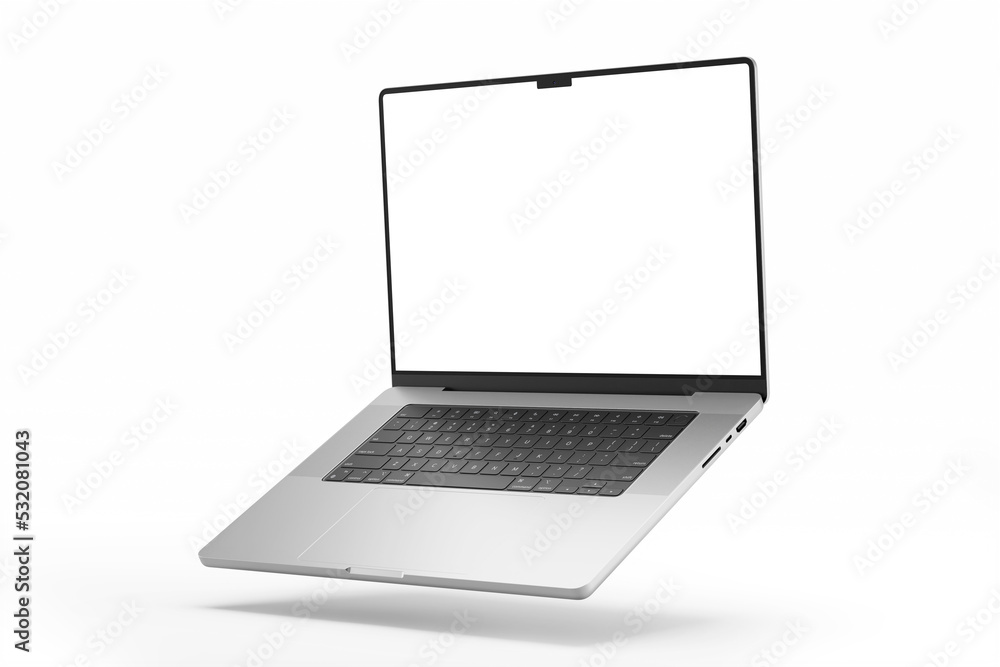 Poster floating view realistic modern laptop pro with 16 inch lcd screen digital display mockup isolated 3d