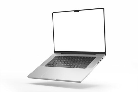 floating view realistic modern laptop pro with 16 inch lcd screen digital display mockup isolated 3d rendering