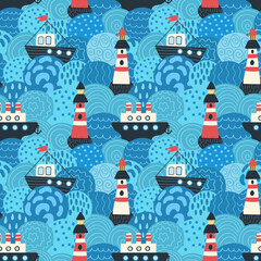 sea, boats and lighthouse. Vector illustration, seamless pattern
